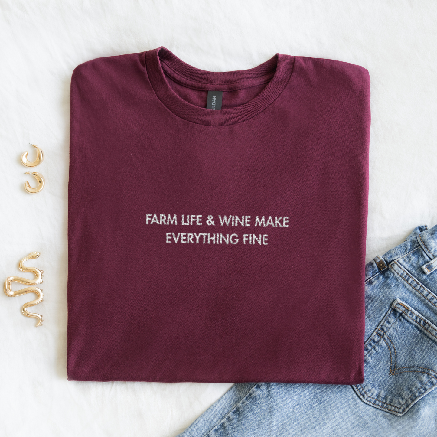 Farm Life & Wine | Embroidered T-shirt | Unisex