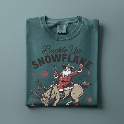 Buckle Up Snowflake | Christmas Cowgirl | T-shirt