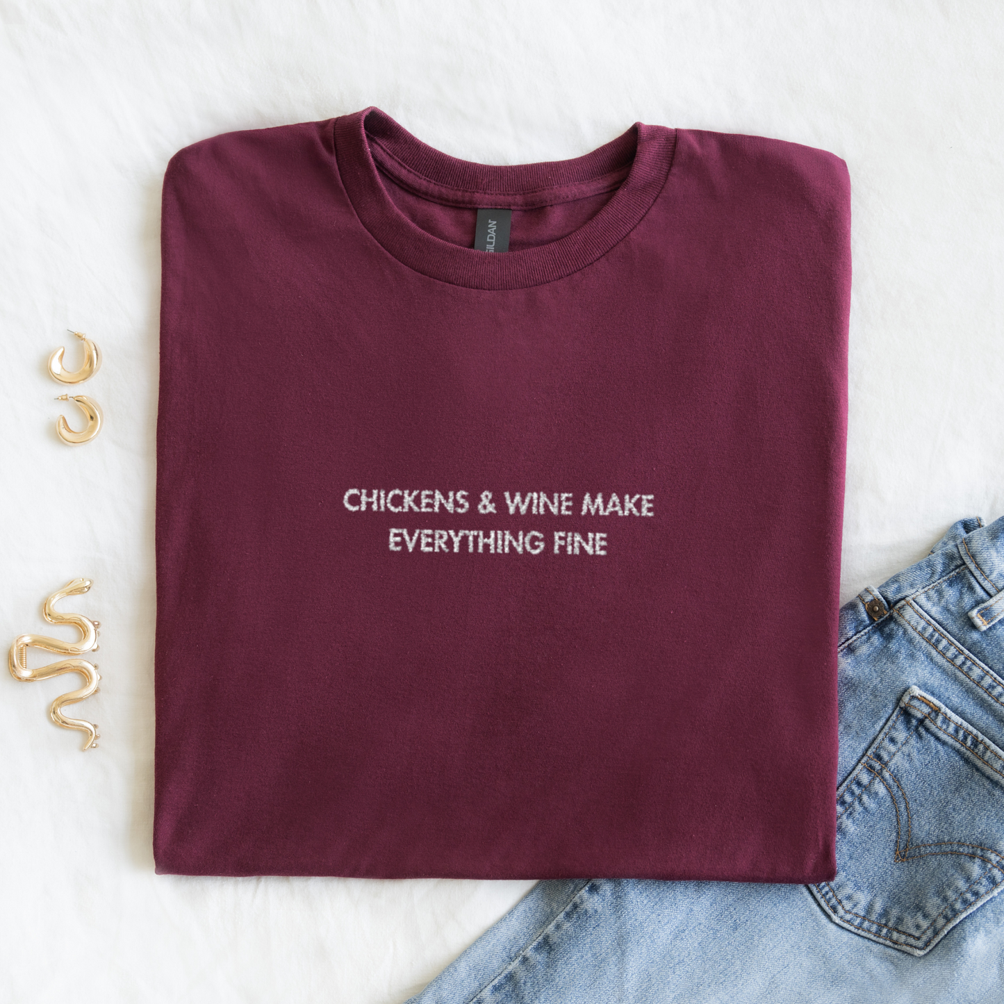 Chickens & Wine | Embroidered T-shirt | Unisex