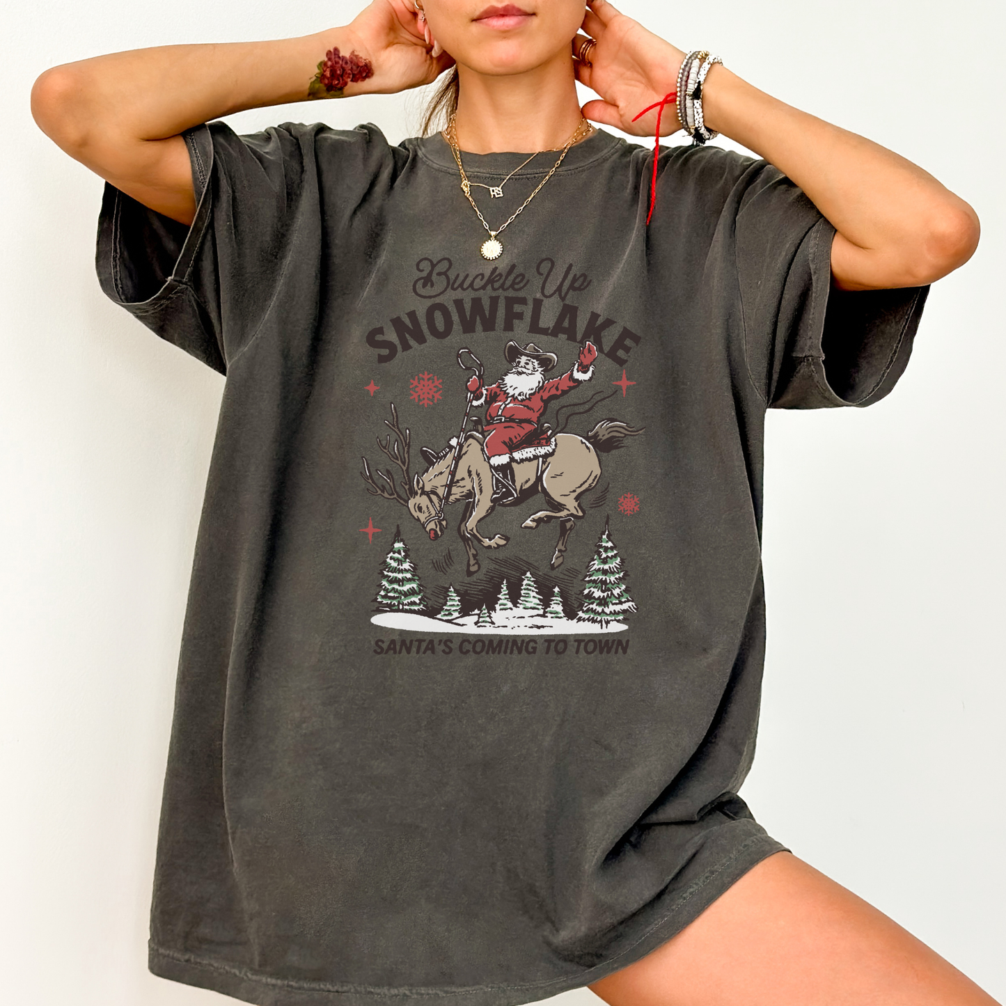 Buckle Up Snowflake | Christmas Cowgirl | T-shirt